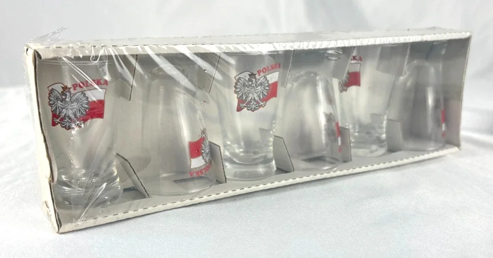 POLSKA Poland Shot Glass Set Lot of 6 White Eagle Flag Souvenir Gift Boxed